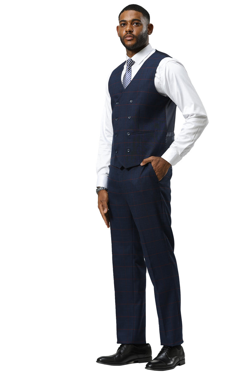 Stacy Adams men's navy glen plaid suit with peak lapel & matching trousers. Includes a double-breasted vest with button closures & side pockets. Tailored fit for a sophisticated look.
