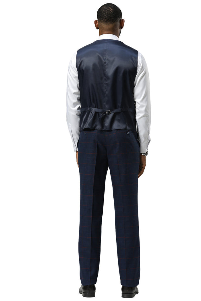 Navy glen plaid suit by Stacy Adams. Men's one-button, peak lapel suit with double-breasted vest. Tailored fit, matching trousers.

