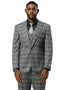 Men's Stacy Adams grey glen plaid one-button suit. Peak lapel jacket, matching vest, and tailored trousers. Features a structured, smooth fabric with a contrasting plaid pattern. Styled with a dress shirt and tie.
