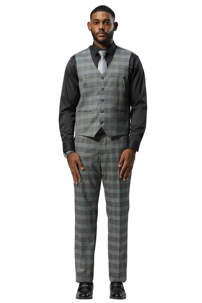 Men's Stacy Adams grey glen plaid one-button suit. Includes a tailored vest with a peak lapel. Features a glen plaid pattern and straight-cut trousers. Worn with a black dress shirt.
