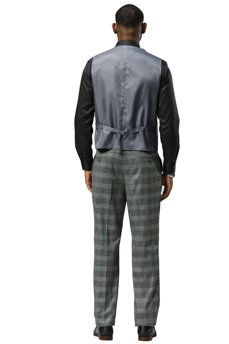 Men's Stacy Adams grey glen plaid suit: one-button, peak lapel jacket & vest with smooth back. Checkered grey trousers with blue accents, tailored fit.

