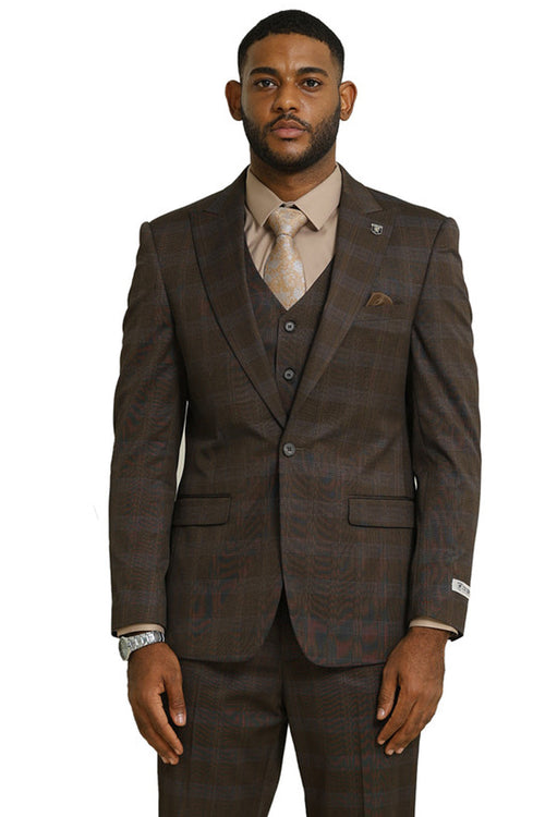 Brown glen plaid Stacy Adams suit. One-button blazer with peak lapel, fitted design, and two pockets. Matching three-button vest layered underneath. Features darker brown and blue shades.
