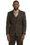 Brown glen plaid Stacy Adams suit. One-button blazer with peak lapel, fitted design, and two pockets. Matching three-button vest layered underneath. Features darker brown and blue shades.
