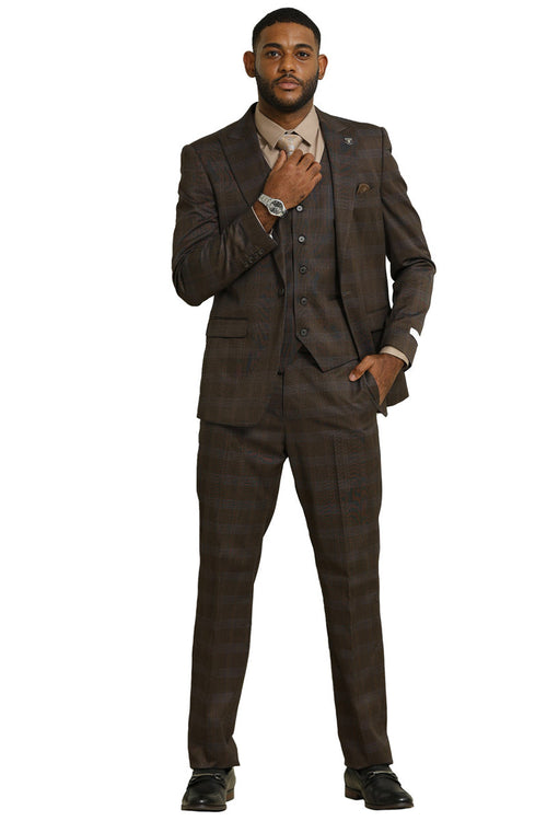 Men's Stacy Adams brown glen plaid suit. One-button jacket with peak lapel, fitted shape. Includes vest and straight-leg trousers. Textured fabric with dark plaid. Three-piece design.
