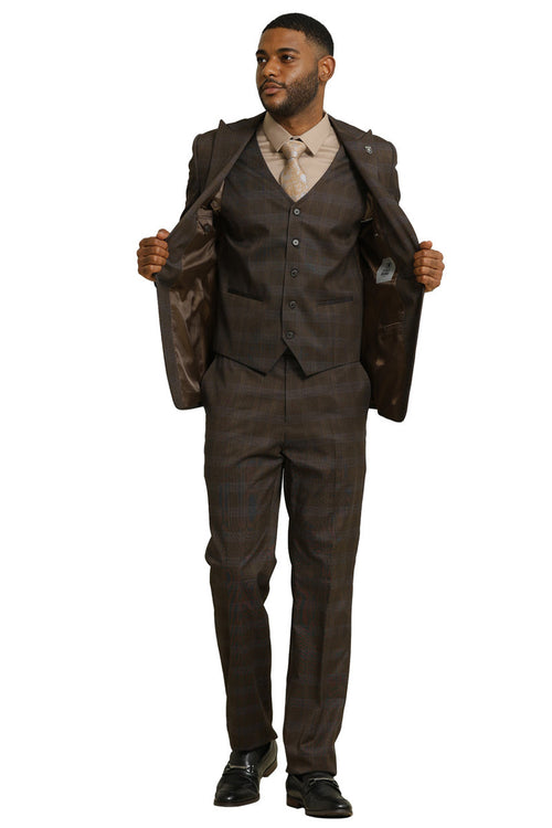 Stacy Adams men's suit: brown glen plaid, one-button jacket with peak lapel, fully lined. Includes a fitted 5-button vest with two pockets and matching trousers.