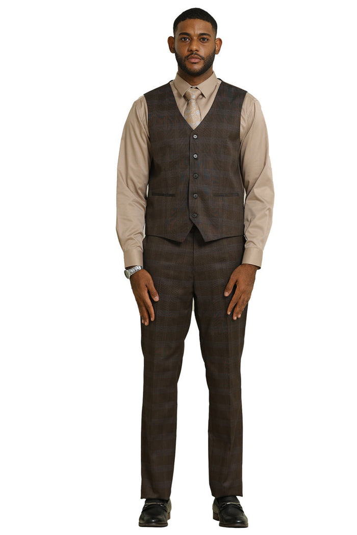 Men's Stacy Adams one-button suit. Brown glen plaid. Includes a tailored, five-button vest and matching trousers. Woven fabric with a structured design.
