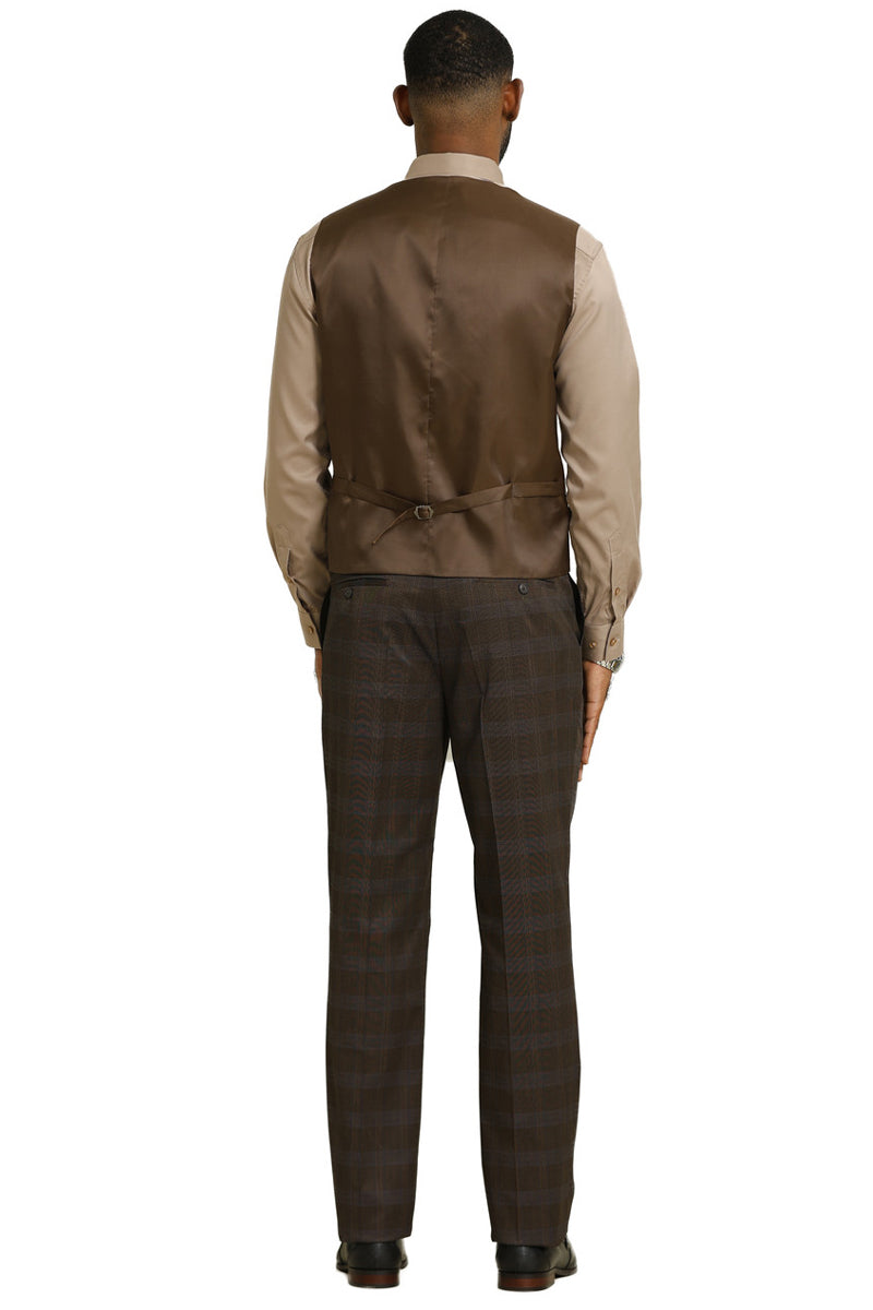Men's Stacy Adams suit: brown glen plaid. One-button jacket with peak lapels. Vest: solid brown back, fitted, adjustable strap. Flat-front trousers, plaid visible.
