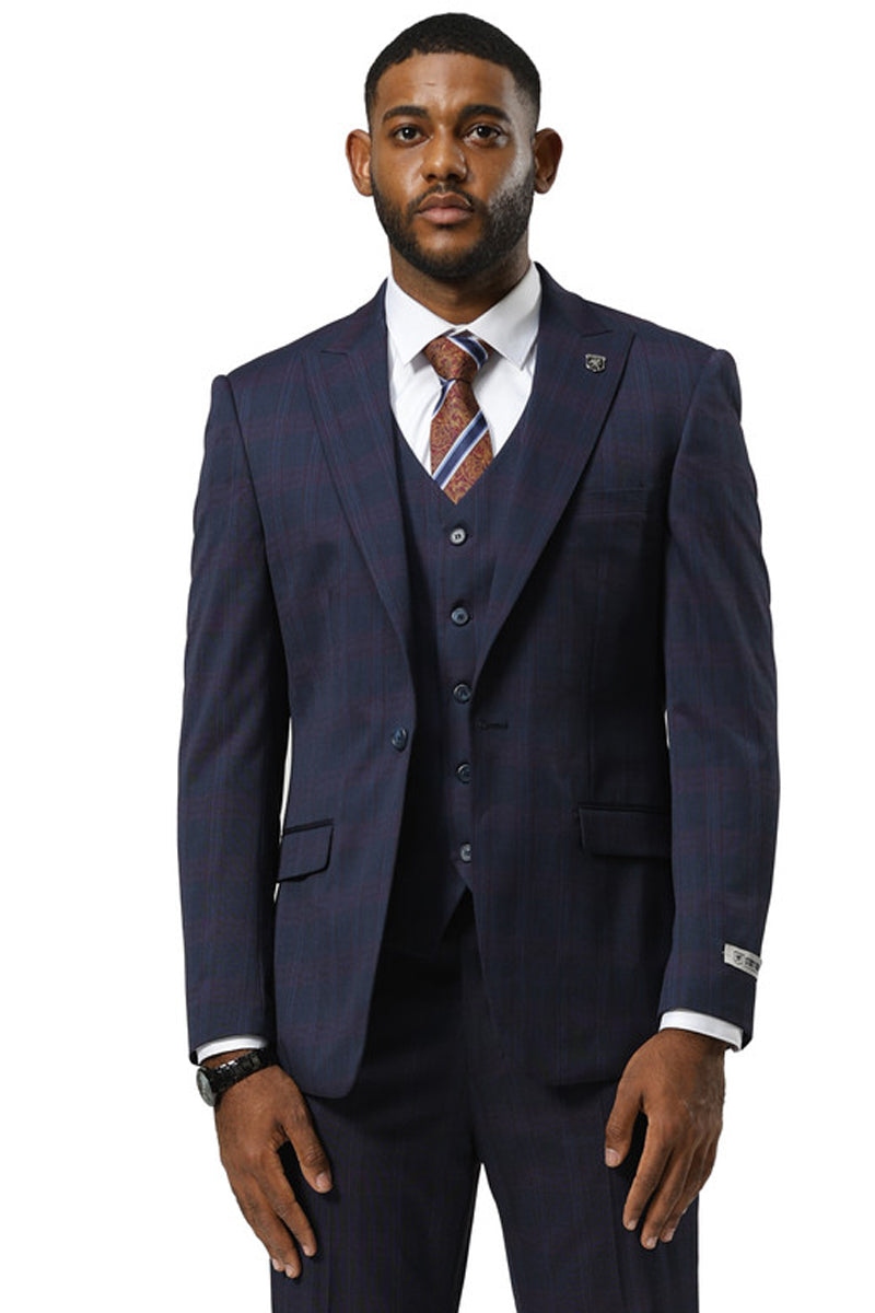 Navy glen plaid Stacy Adams suit with a tailored fit. Features a one-button closure, peak lapels, and a three-button vest. Textured fabric with contrasting lines, formal style. Includes side pockets.
