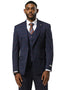 Navy glen plaid Stacy Adams suit with a tailored fit. Features a one-button closure, peak lapels, and a three-button vest. Textured fabric with contrasting lines, formal style. Includes side pockets.
