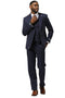 Navy glen plaid Stacy Adams suit. One-button closure, peak lapels, three-piece design (vest included). Wool-like fabric, subtle contrasting lines. Matching tapered trousers.
