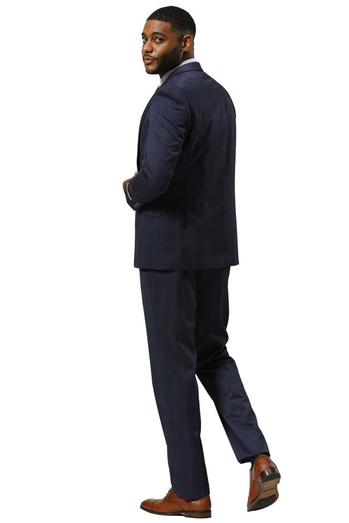 Men's Stacy Adams suit: Navy glen plaid with peak lapel. Single-button blazer & tailored trousers create a structured, formal silhouette. Dark blue/red accents.
