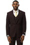 Burgundy Stacy Adams men's suit with a sharkskin pattern. Features a fitted, one-button jacket with peak lapels, matching vest, and flap pockets. Shown with white shirt and yellow tie.

