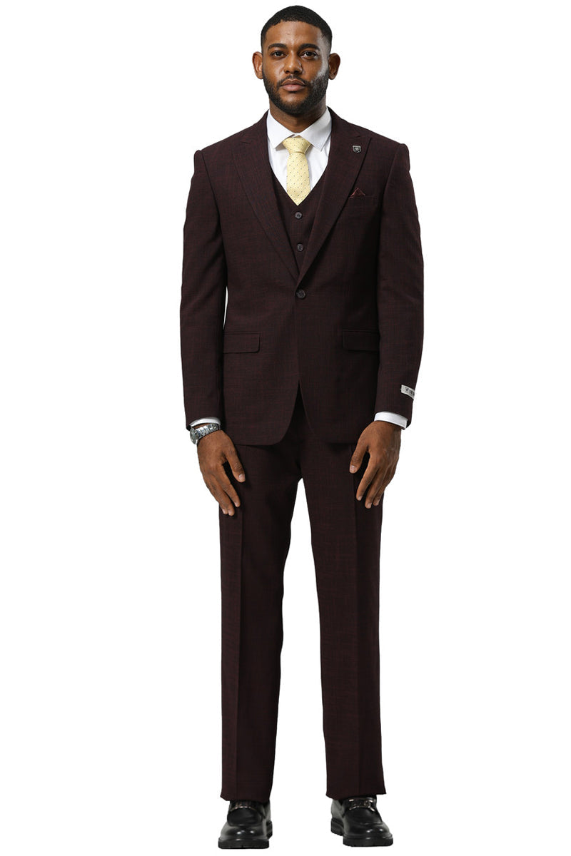 Stacy Adams burgundy sharkskin suit: a three-piece set with a peak lapel, one-button jacket, and matching vest. Features a textured fabric and straight-leg trousers.
