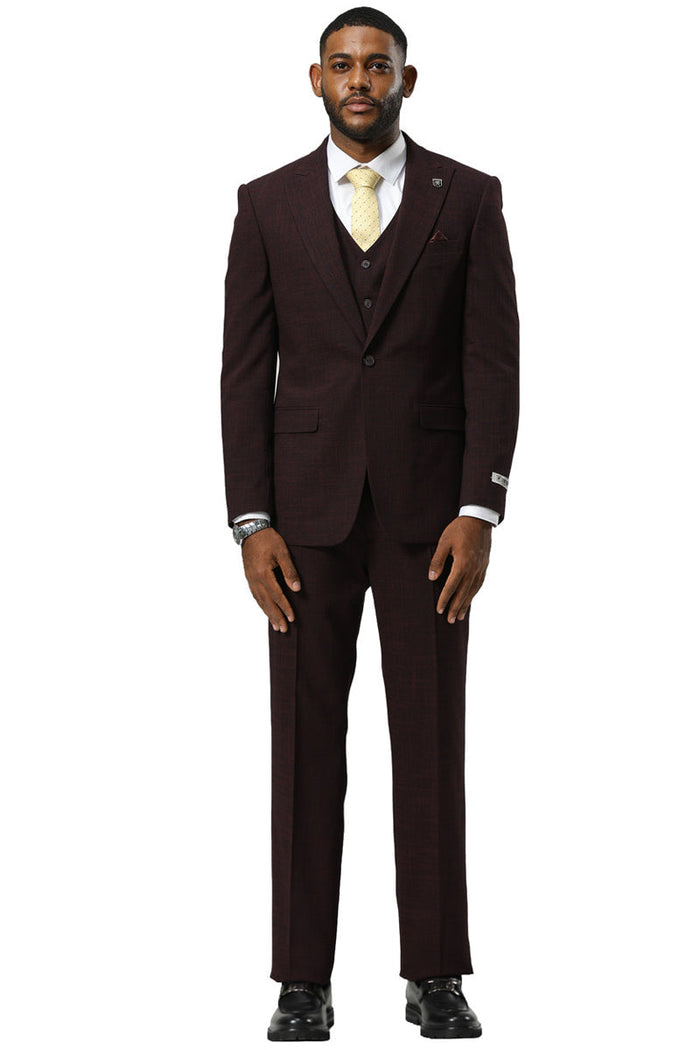 Stacy Adams burgundy sharkskin suit: a three-piece set with a peak lapel, one-button jacket, and matching vest. Features a textured fabric and straight-leg trousers.
