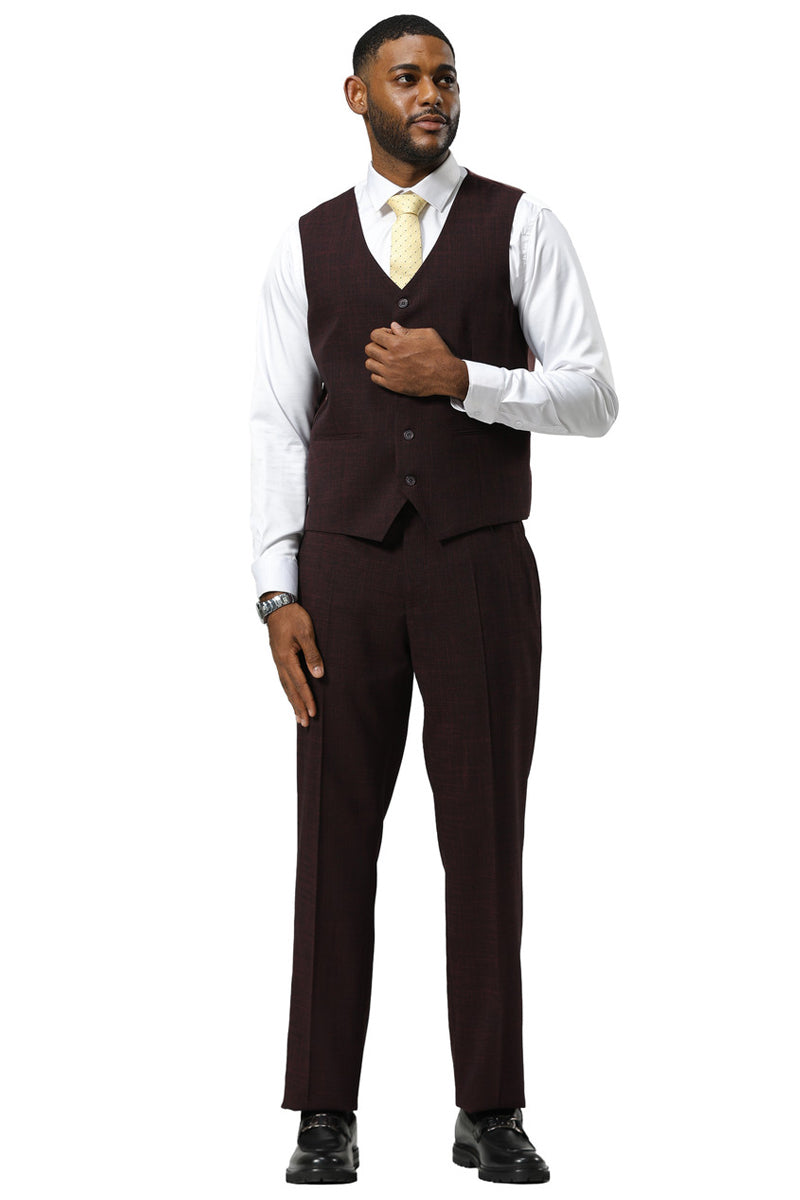 Burgundy men's Stacy Adams suit: one-button peak lapel, vested, sharkskin fabric. Fitted vest, tapered trousers with clean lines.
