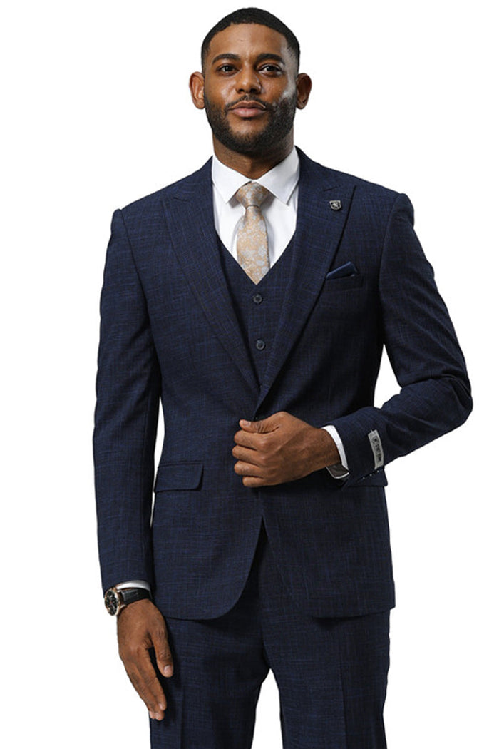 Navy sharkskin Stacy Adams suit for men. One-button jacket with peak lapels, matching vest, and tailored trousers. Textured fabric, fitted design.
