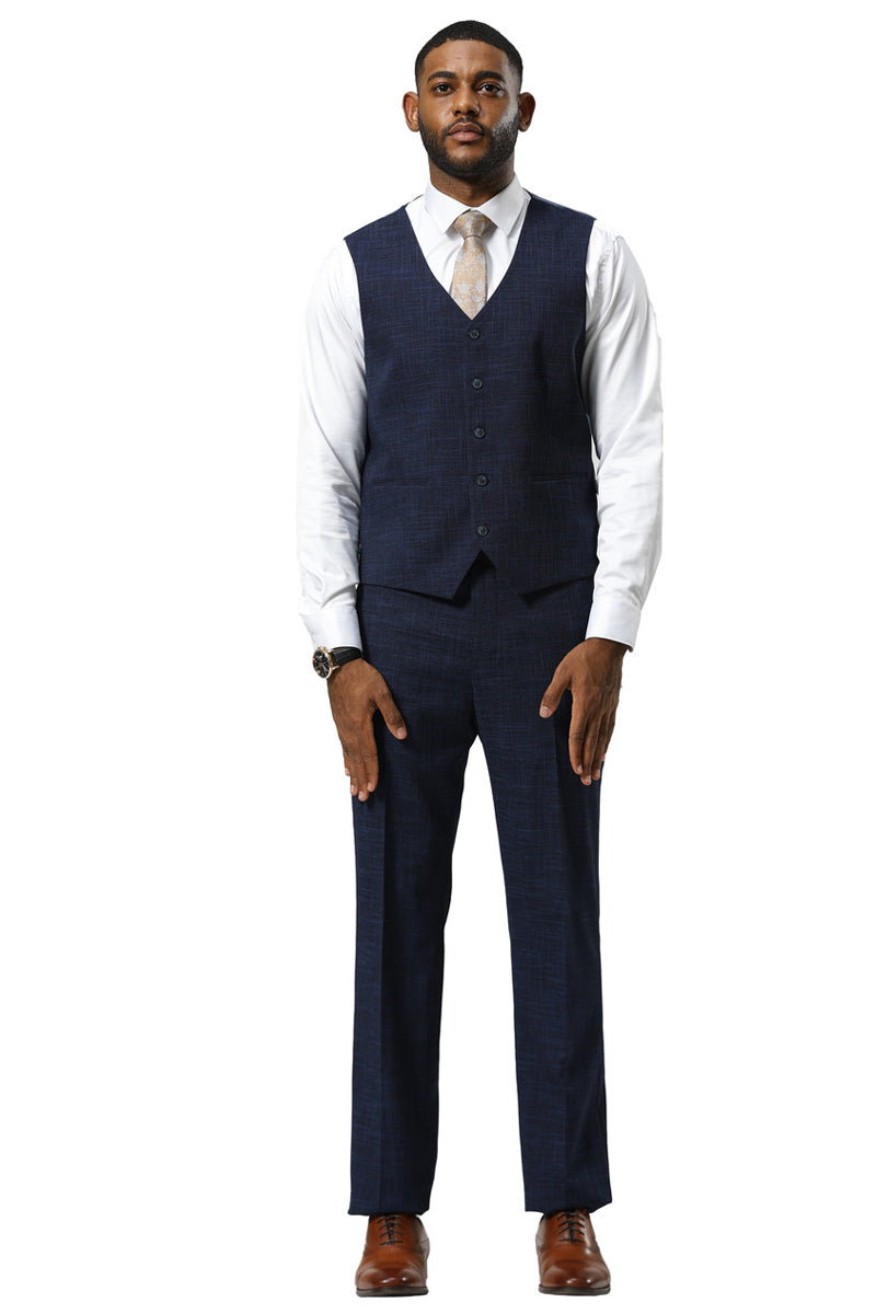 Stacy Adams men's navy sharkskin suit: one-button, peak lapel vest, and matching trousers. Features textured fabric and a classic design.
