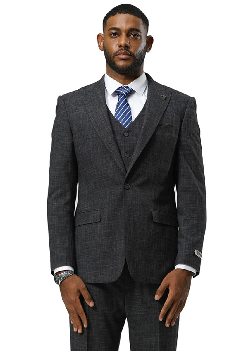 Stacy Adams men's charcoal sharkskin suit. Fitted, one-button closure, peak lapel, and vested design. Features a subtle textured pattern. Streamlined trousers for a sleek look.
