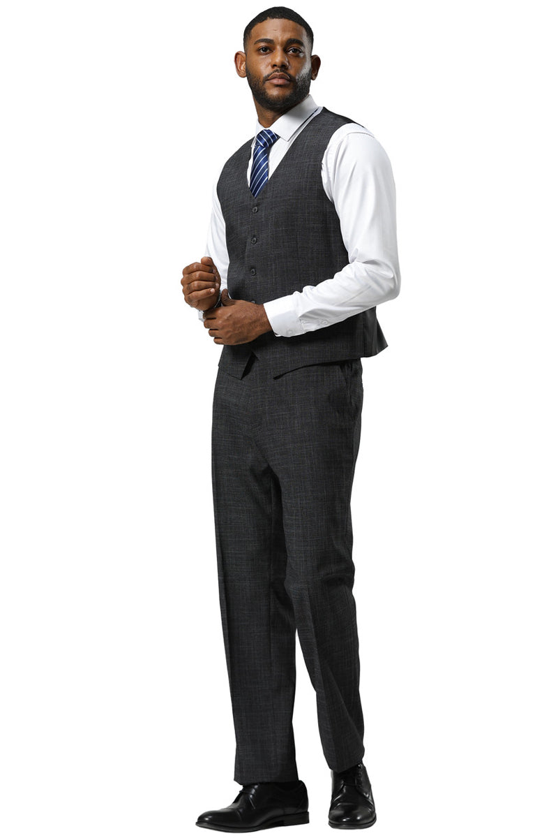 Charcoal Stacy Adams sharkskin suit. One-button peak lapel, tailored vest (five-button closure), and regular-fit trousers. Subtle textured pattern and smooth finish.
