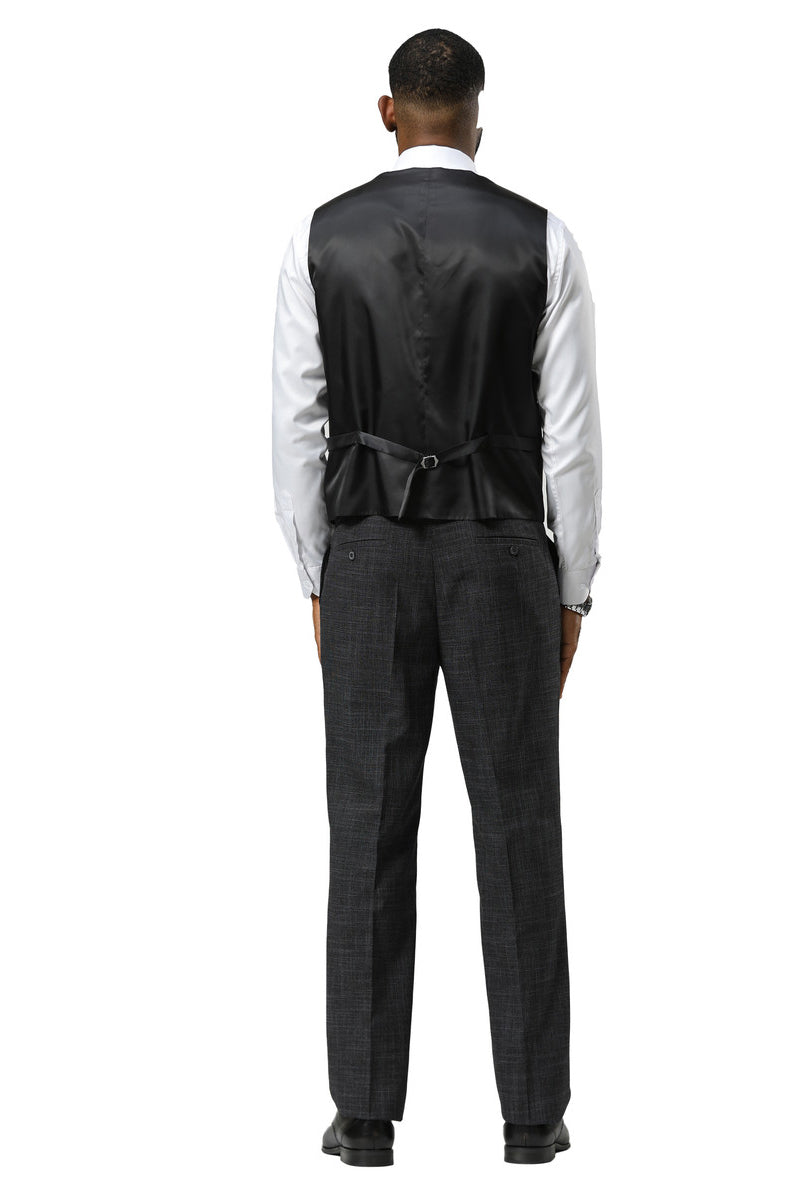 Charcoal Stacy Adams sharkskin suit: One-button, peak lapel, vested. Black peaked vest with tonal stitching. Charcoal textured trousers, tailored fit, two back pockets.
