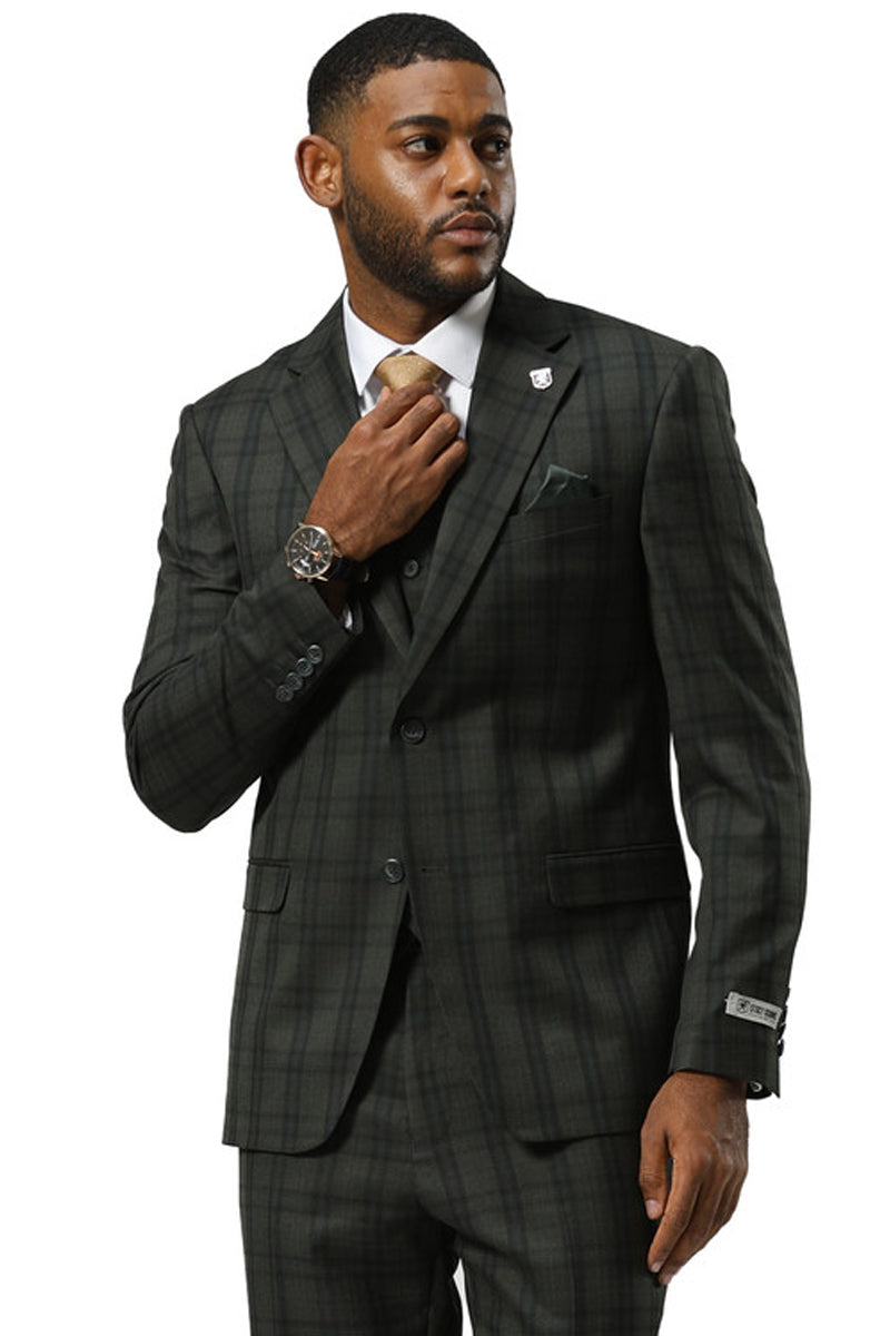 Men's Stacy Adams modern fit suit in dark hunter green with a double windowpane plaid. Includes jacket (structured, notched lapels), vest, and trousers.
