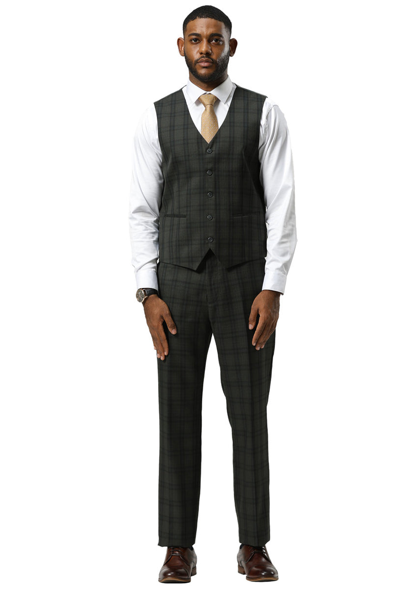 Dark hunter green Stacy Adams modern fit suit. Double windowpane plaid, tailored vest with 5-button closure & 2 pockets. Slim profile trousers. Smooth fabric, formal wear.