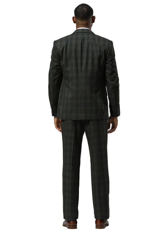 Men's Stacy Adams modern fit vested suit in dark hunter green. Double windowpane plaid pattern. Fitted jacket with structured back, straight-leg trousers. Smooth, subtly sheened fabric. Single vent. Cohesive, tailored design.
