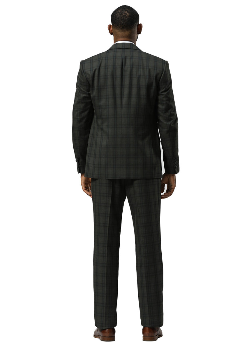 Men's Stacy Adams modern fit vested suit in dark hunter green. Double windowpane plaid pattern. Fitted jacket with structured back, straight-leg trousers. Smooth, subtly sheened fabric. Single vent. Cohesive, tailored design.
