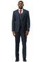 Navy blue Stacy Adams men's suit. Modern fit, double windowpane plaid. Includes jacket, vest, and trousers. Structured design for a tailored look.
