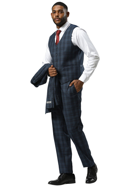 Navy modern fit Stacy Adams suit with double windowpane plaid. Includes vest (3-button) & straight-leg trousers. Smooth fabric. Seen with shirt & red tie.