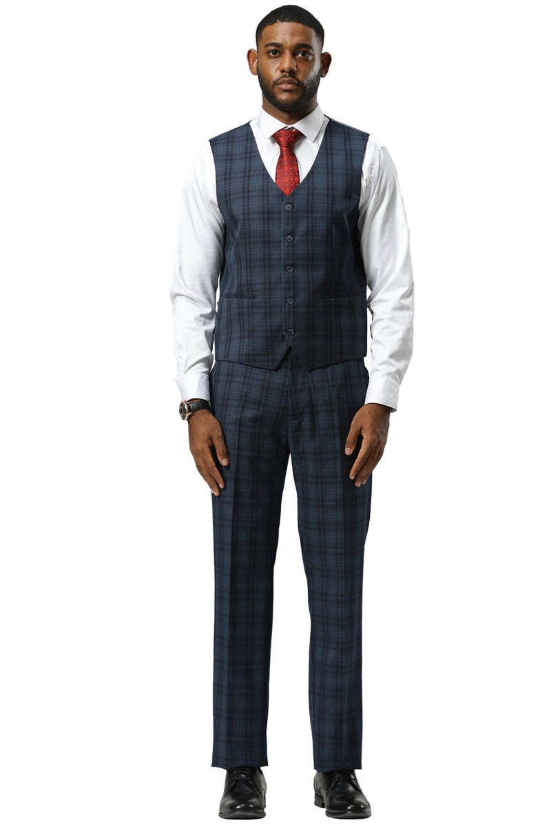 Navy Stacy Adams modern fit suit with double windowpane plaid. Includes vest (v-neck, 5-button) and matching trousers. Dark navy base with lighter blue/white lines. Tailored silhouette.