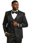 Men's shiny black brocade tuxedo with intricate patterns. Includes a double-breasted vest, white dress shirt, black bow tie, and glossy black dress pants.
