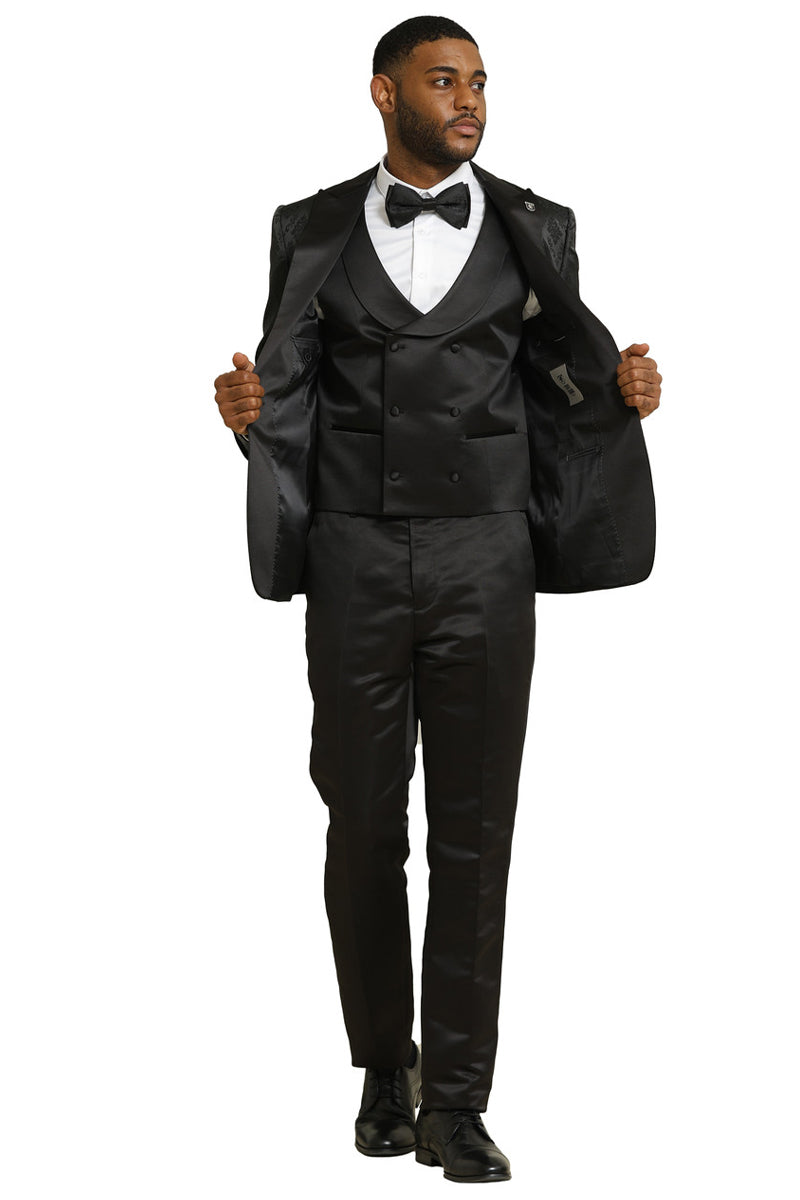 Stacy Adams tuxedo: black, shiny brocade. Double-breasted vest, structured jacket with peaked lapels & complementary lining. Sleek, straight-cut trousers for a formal look.
