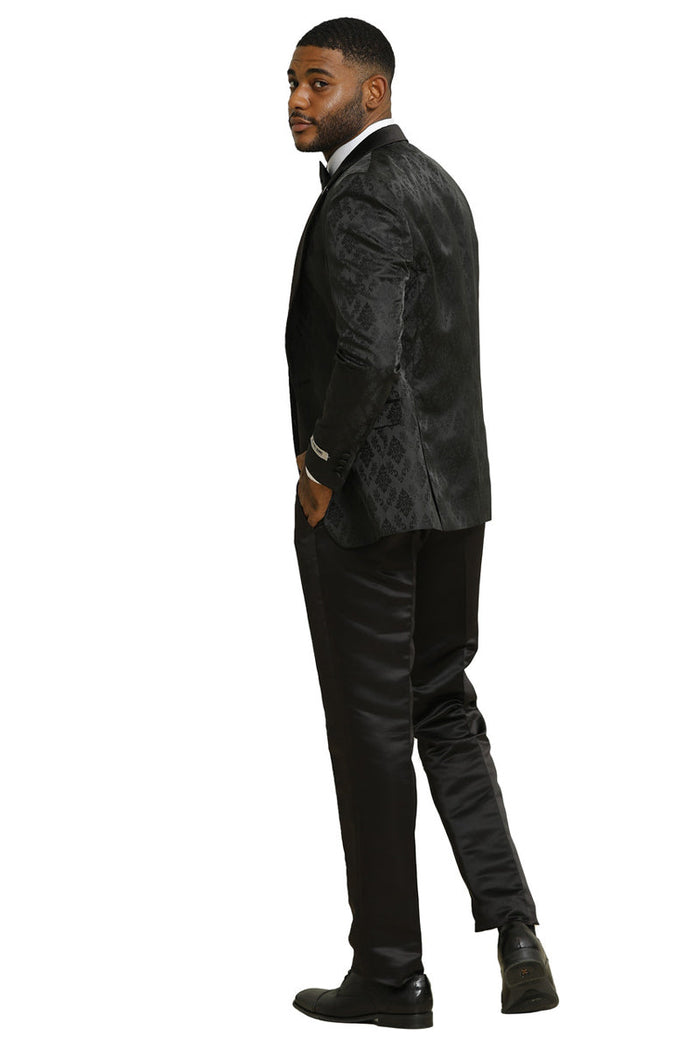 Stacy Adams men's tuxedo: shiny brocade jacket, black double-breasted vest. Structured fit, satin lapels. Sleek, tailored silhouette with contrasting black pants. Perfect for weddings & proms.
