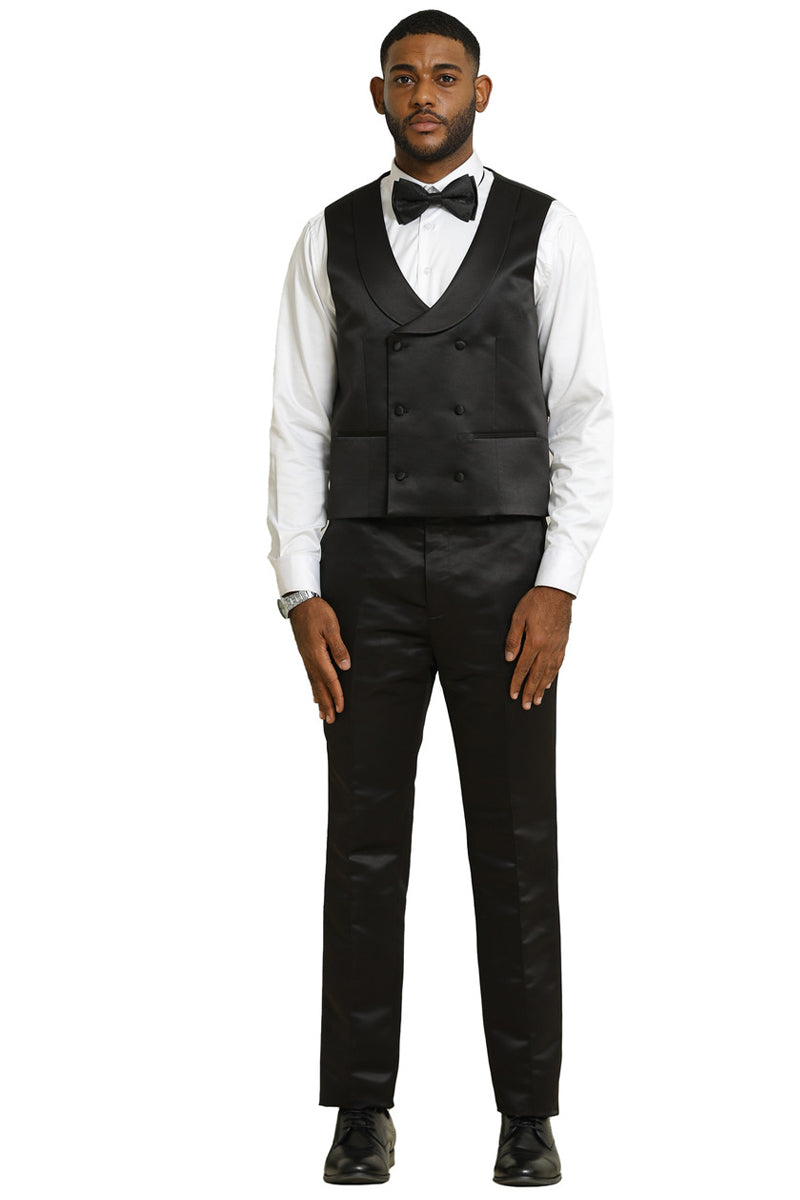 Stacy Adams tuxedo: shiny black brocade jacket, double-breasted vest, and matching trousers. Includes a deep V-neck vest, white dress shirt, and black bow tie, perfect for weddings or proms.
