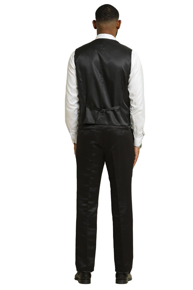 Black Stacy Adams tuxedo with shiny brocade. Double-breasted vest with satin-like texture. Straight-leg pants. Fitted silhouette with adjustable vest strap. Perfect for weddings & proms.
