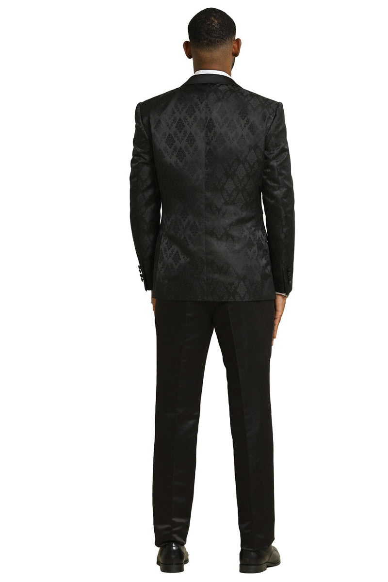 Stacy Adams men's shiny brocade tuxedo. Black, glossy fabric with a subtle diamond-like brocade pattern. Includes a double-breasted vest, tailored pants, and a formal silhouette. Perfect for weddings and proms.
