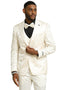 Ivory men's tuxedo with shiny brocade. Includes double-breasted vest, black formal shirt. Jacket: notched lapel, pockets. Pants: solid ivory, tailored fit.
