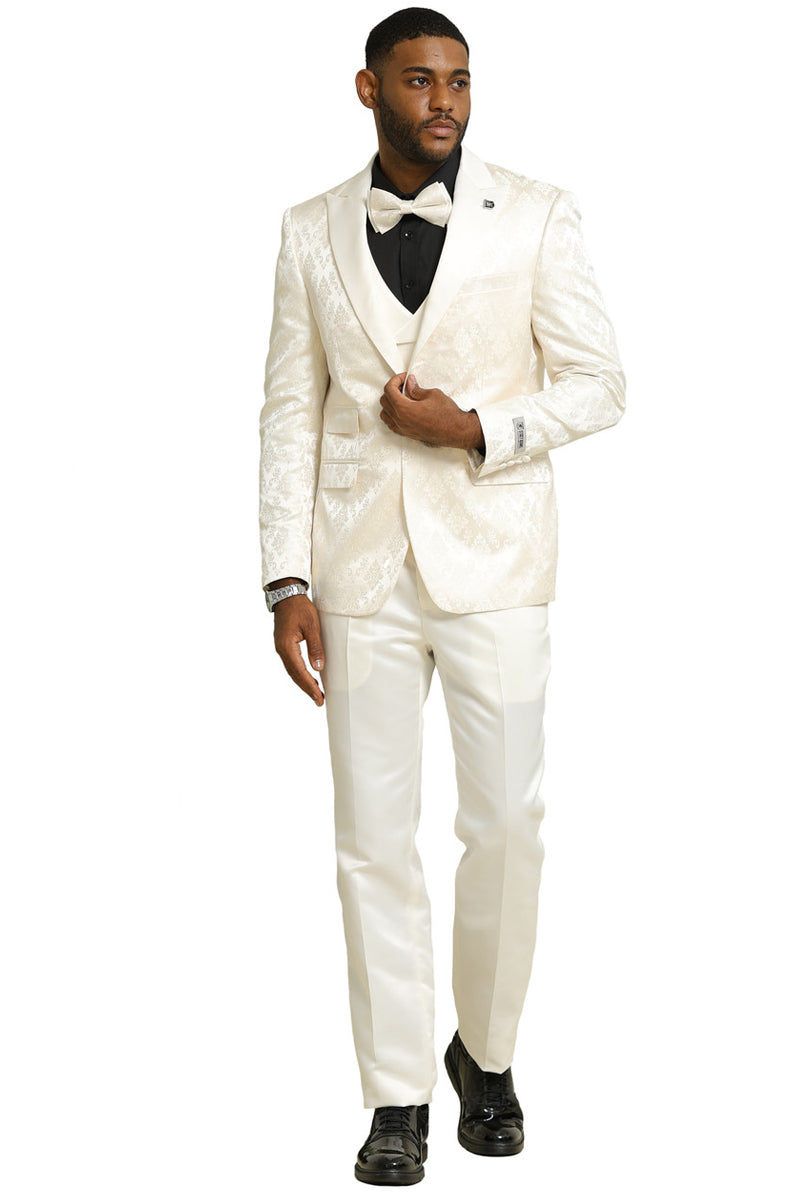 Ivory men's tuxedo with shiny brocade jacket, double-breasted, satin lapels. Includes matching pants, black vest & bow tie for a formal look.
