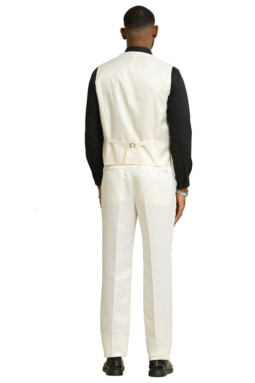 Ivory Stacy Adams tuxedo for men. Shiny brocade jacket with a double-breasted vest. Tailored trousers with a straight-leg cut. Vest includes an adjustable back strap. Perfect for weddings and proms.

