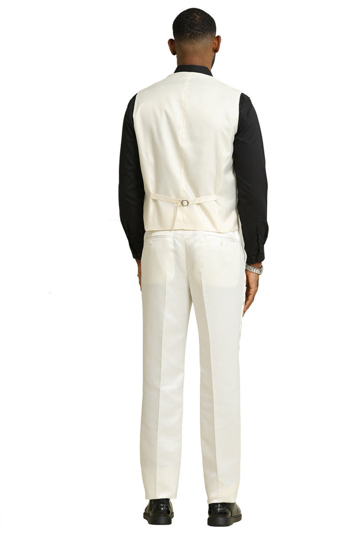 Ivory Stacy Adams tuxedo for men. Shiny brocade jacket with a double-breasted vest. Tailored trousers with a straight-leg cut. Vest includes an adjustable back strap. Perfect for weddings and proms.
