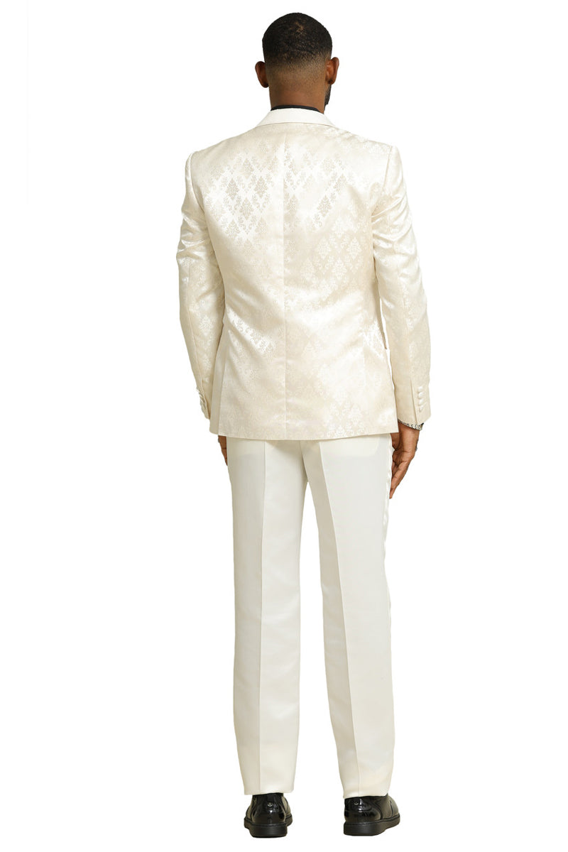 Men's Stacy Adams tuxedo: shiny brocade suit, ivory double-breasted vest, matching pants. Subtle pattern, textured sheen, structured, smooth fabric. Perfect for weddings & proms.
