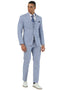Light blue glen plaid Stacy Adams men's summer suit. Two-button jacket, matching vest, and trousers. Lightweight fabric, tailored modern fit, ideal for warm weather.
