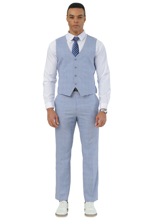 Light blue glen plaid Stacy Adams men's summer suit. Two-button jacket, fitted V-neck vest with six buttons, and tapered trousers. Lightweight fabric.
