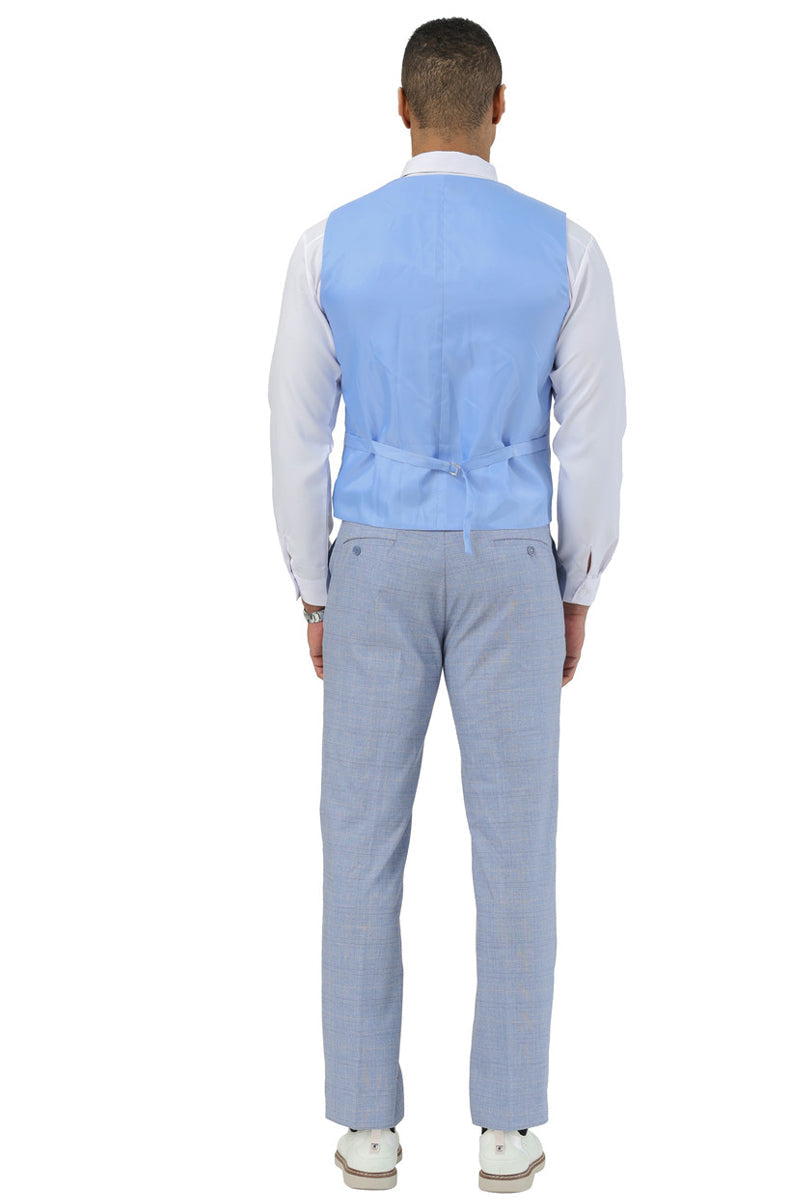 Men's Stacy Adams summer suit: light blue glen plaid, two-button jacket, and vest with a smooth back and waist closure. Matching tapered trousers complete the look.
