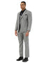 Men's Stacy Adams light grey glen plaid summer suit. Features a fitted, two-button jacket, matching vest, and tailored trousers. Complemented by a dark shirt and tie.

