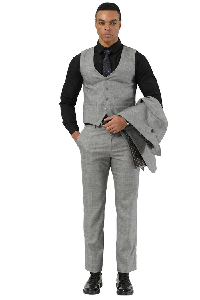 Men's Stacy Adams light grey glen plaid summer suit. Features a fitted vest with scooped neckline and five buttons, tailored trousers, and draped jacket. Fabric: light grey with glen plaid pattern. Well-structured design with integrated pockets.
