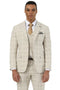 Stacy Adams beige glen plaid suit: Structured blazer (notch lapels, single-button), tailored straight-leg pants, and matching vest. Smooth, lightweight fabric, ideal for formal wear. Beige with light/dark plaid lines.
