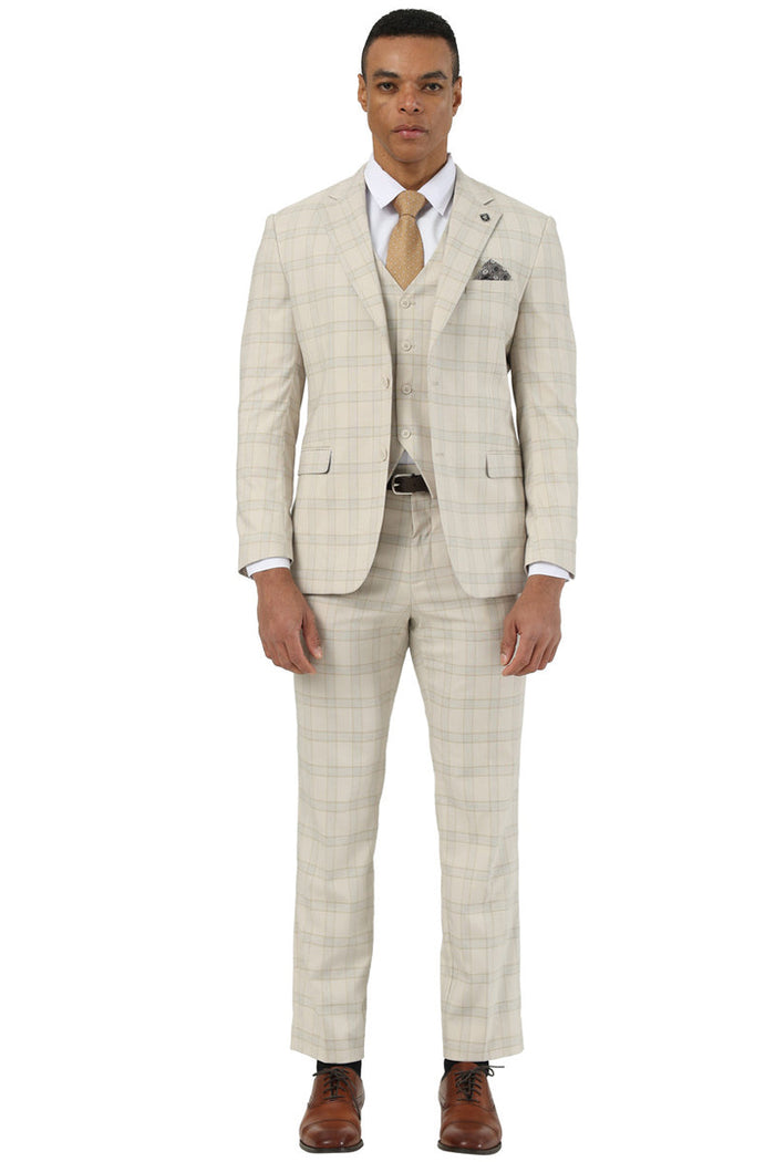 Stacy Adams men's beige glen plaid suit: tailored jacket, matching pants, and vest. Lightweight fabric, structured silhouette, three-button closure, notch collar, straight-cut pants, and a pocket square detail.
