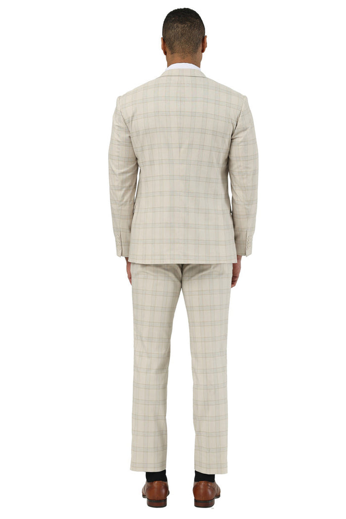 Stacy Adams beige glen plaid suit: matching jacket & trousers. Subtle light/dark plaid pattern. Jacket: tailored fit. Trousers: straight leg. Visually cohesive design.
